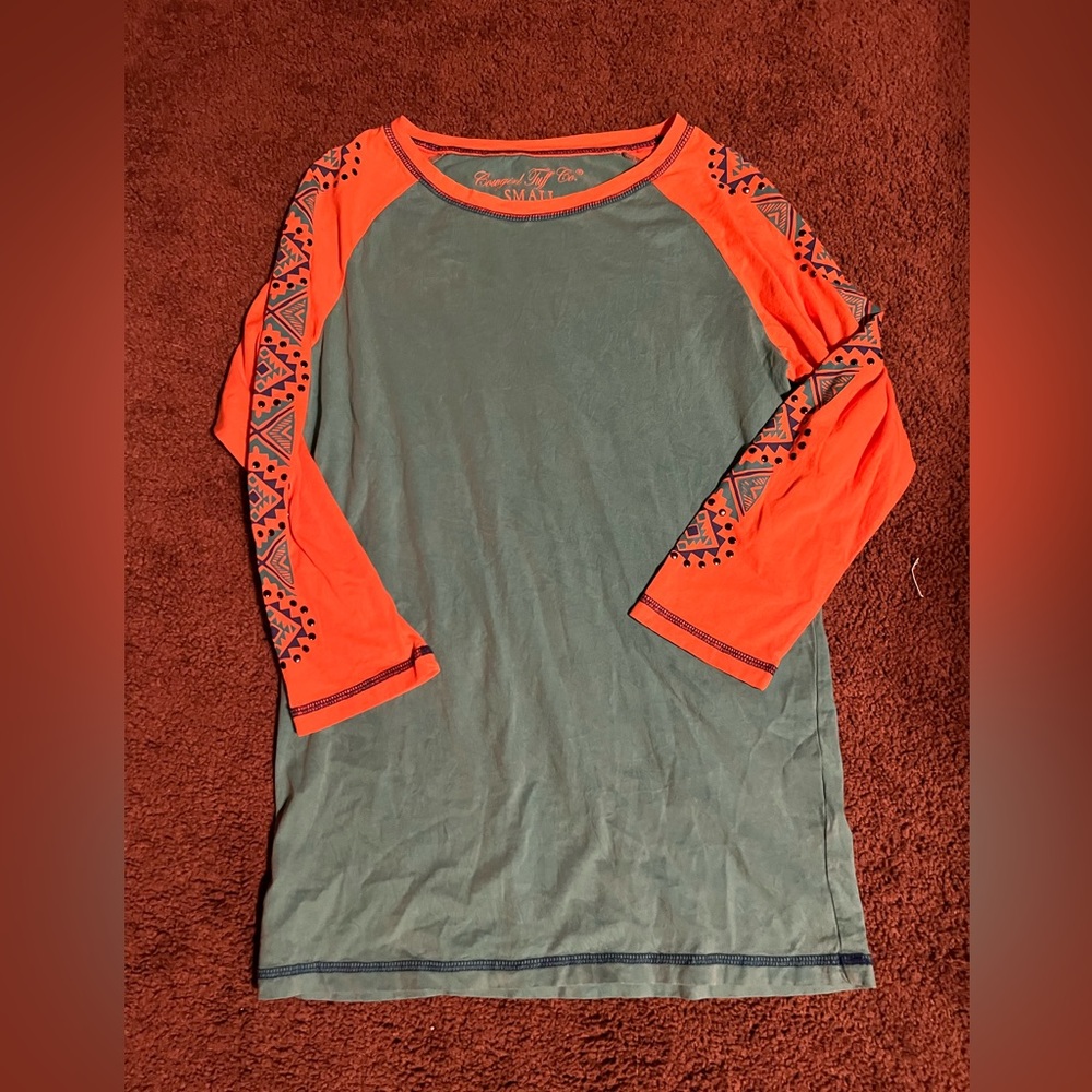 Cowgirl, tuff, shirt, size small, teal, and orange